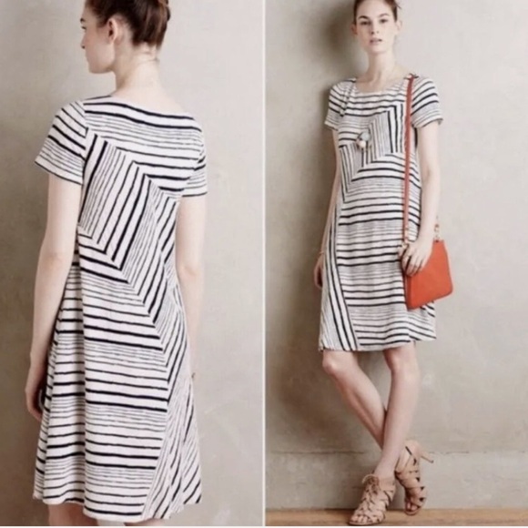 Maeve Anthropologie Short Sleeve Womens White Navy Striped A line Dress M - Picture 1 of 9